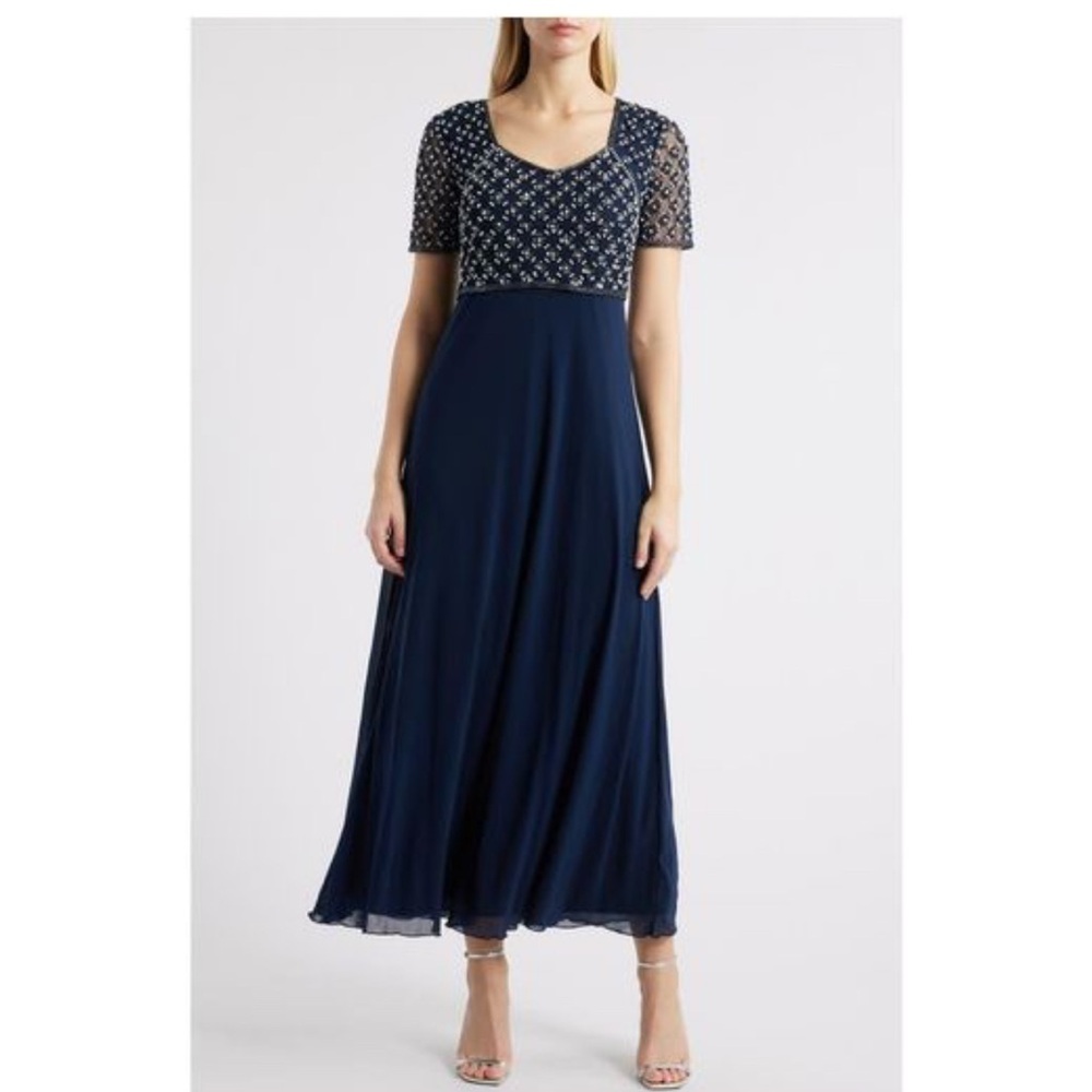 NWT Pisarro Nights Women's Blue Faux Pearl Bodice Gown size 14